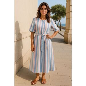 NWT Wonderly Striped Cotton Gauze Midi Dress Button Up Pastel Colors Belted